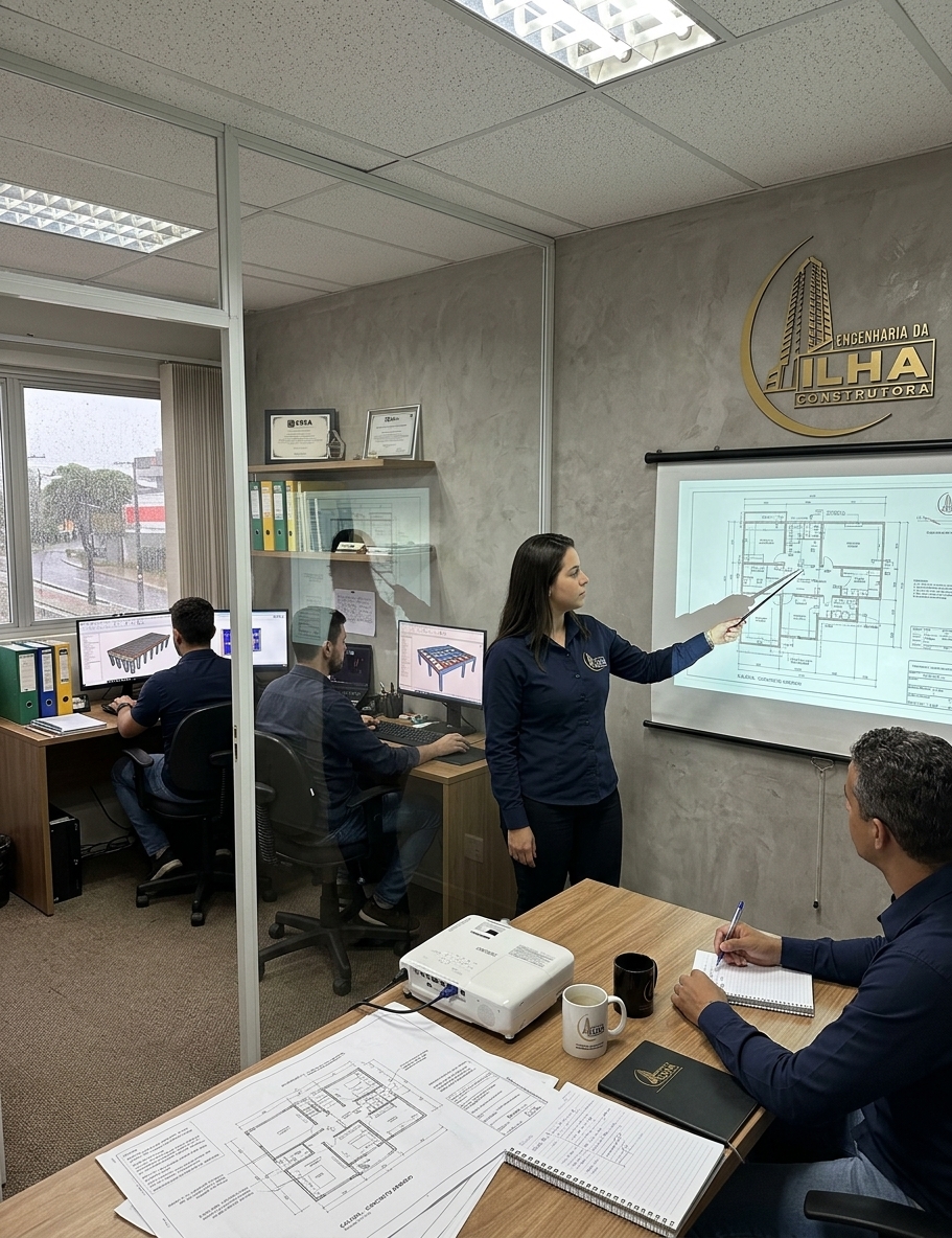 Equipe da Engenharia da Ilha analisando um projeto no escritório